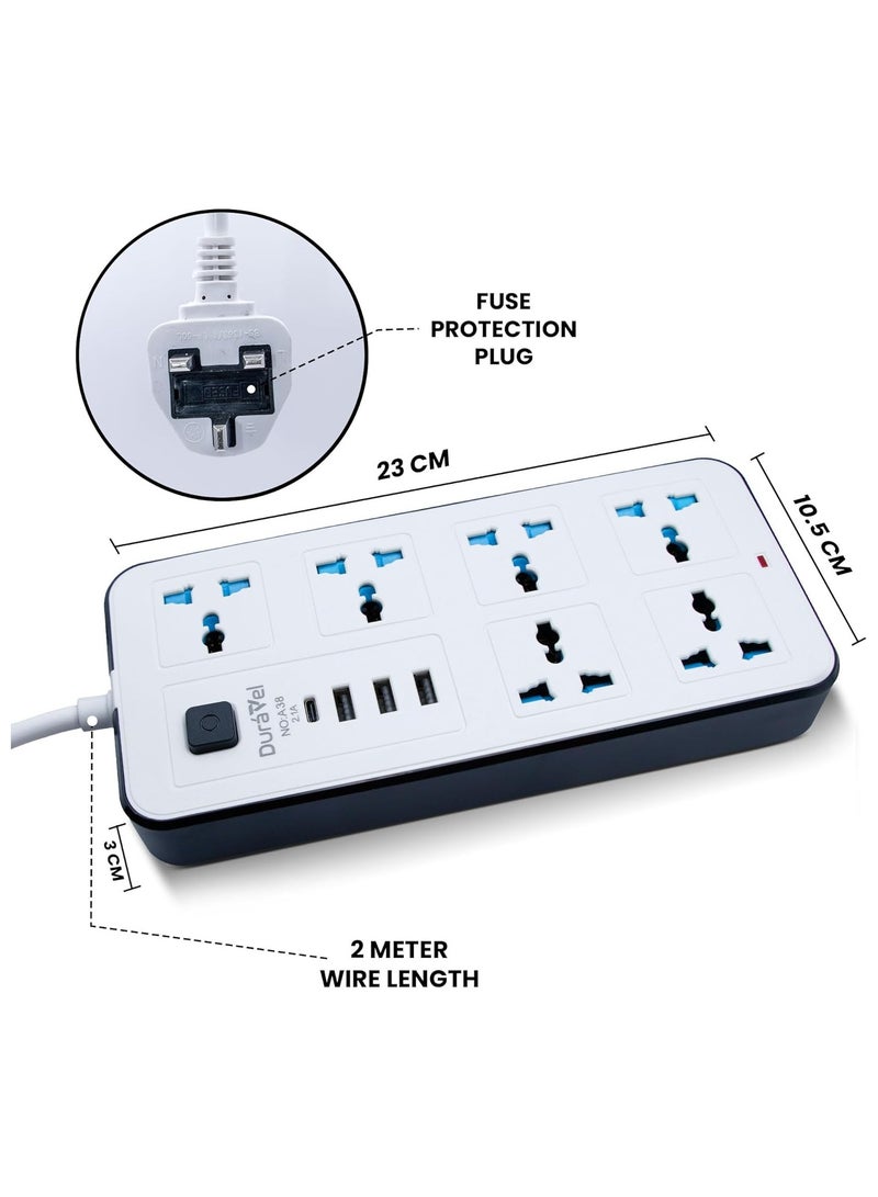 درافل كابل تمديد عالمي متعدد الوظائف من دورافيل، مقبس ثلاثي الأطراف مع 6 منافذ | 3 منافذ USB | منفذ كابل من النوع C، شريط طاقة بطول 2 متر للمنزل والمطبخ والمكتب (أبيض) - Image 3