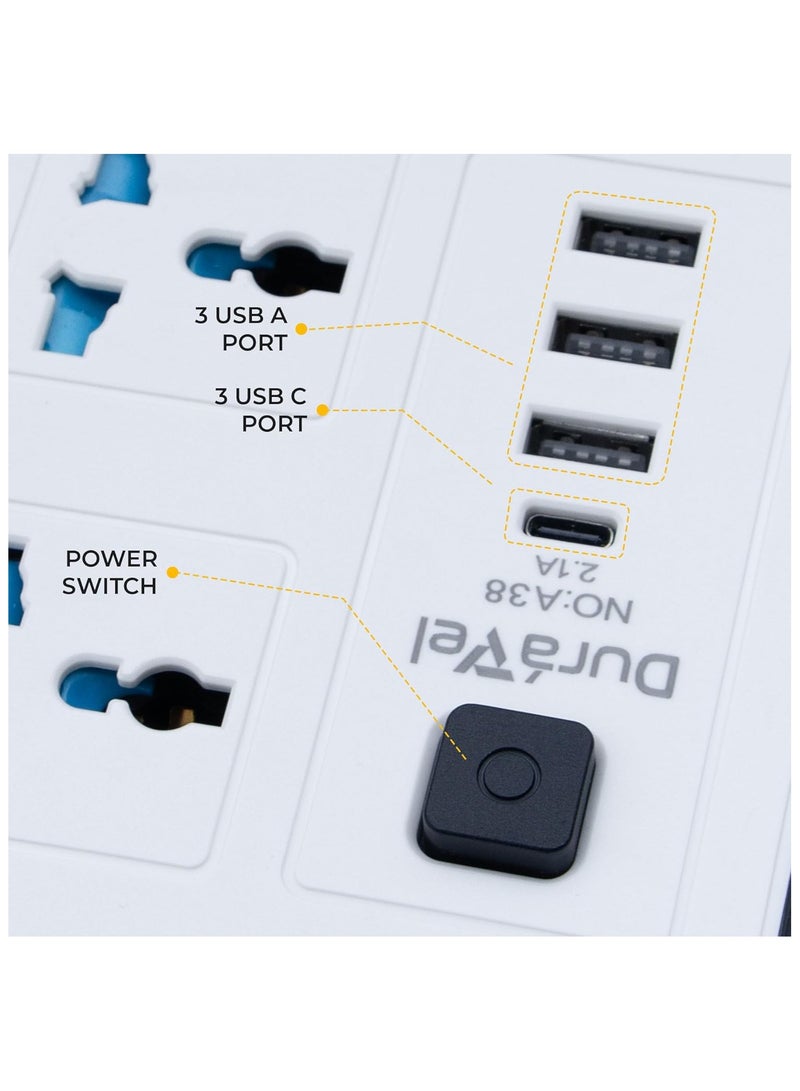 درافل كابل تمديد عالمي متعدد الوظائف من دورافيل، مقبس ثلاثي الأطراف مع 6 منافذ | 3 منافذ USB | منفذ كابل من النوع C، شريط طاقة بطول 2 متر للمنزل والمطبخ والمكتب (أبيض) - Image 4