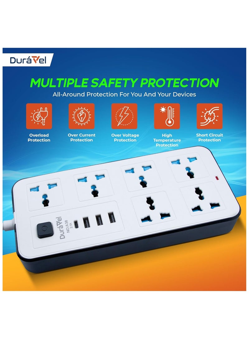 درافل كابل تمديد عالمي متعدد الوظائف من دورافيل، مقبس ثلاثي الأطراف مع 6 منافذ | 3 منافذ USB | منفذ كابل من النوع C، شريط طاقة بطول 2 متر للمنزل والمطبخ والمكتب (أبيض) - Image 5