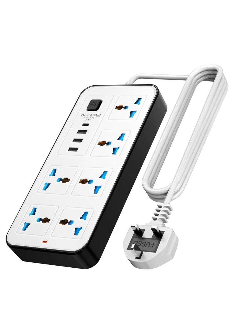 درافل كابل تمديد عالمي متعدد الوظائف من دورافيل، مقبس ثلاثي الأطراف مع 6 منافذ | 3 منافذ USB | منفذ كابل من النوع C، شريط طاقة بطول 2 متر للمنزل والمطبخ والمكتب (أبيض) - Image 1