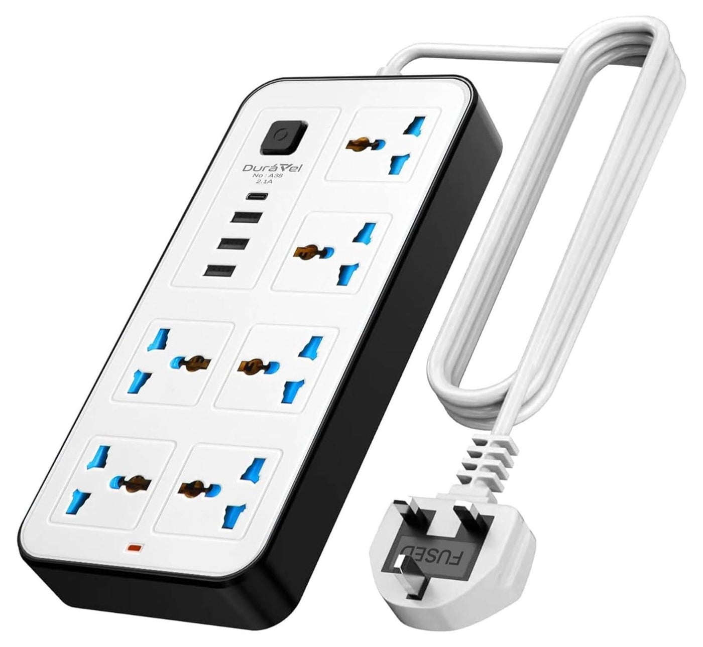Duravel Universal Extension Lead/Cord with Multiple Functions, UK 3-Pin Plug Socket with 6 Outlets | 3 USB Ports | 1 Type-C Cable Port, 2M Power Strip for Home, Kitchen, and Office (WHITE)