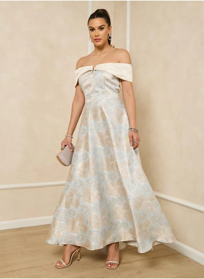 Styli Styli Blue Floral Jacquard Off-Shoulder A-Line Maxi Dress