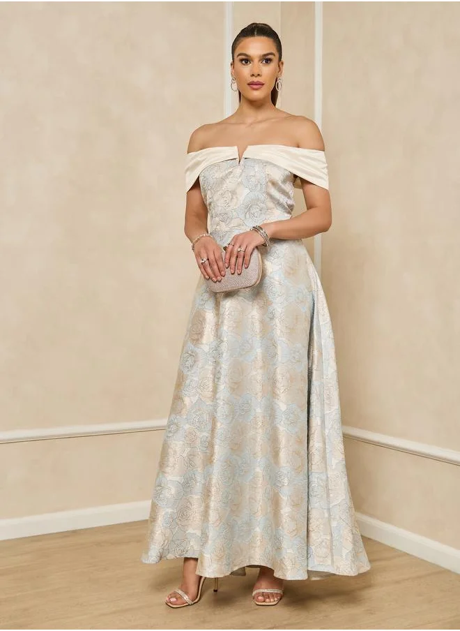 Styli Styli Blue Floral Jacquard Off-Shoulder A-Line Maxi Dress