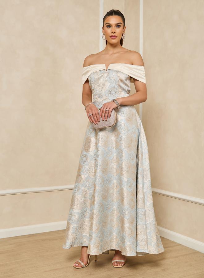 ستايلي فستان ماكسي أزرق بنقشة زهور جاكار مكشوف الأكتاف بقصة - - Image 1