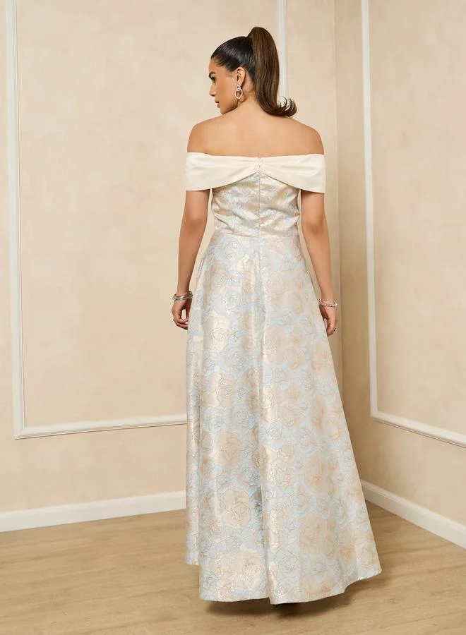 Styli Styli Blue Floral Jacquard Off-Shoulder A-Line Maxi Dress
