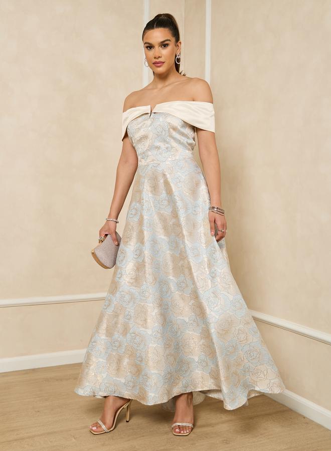 ستايلي فستان ماكسي أزرق بنقشة زهور جاكار مكشوف الأكتاف بقصة - - Image 2