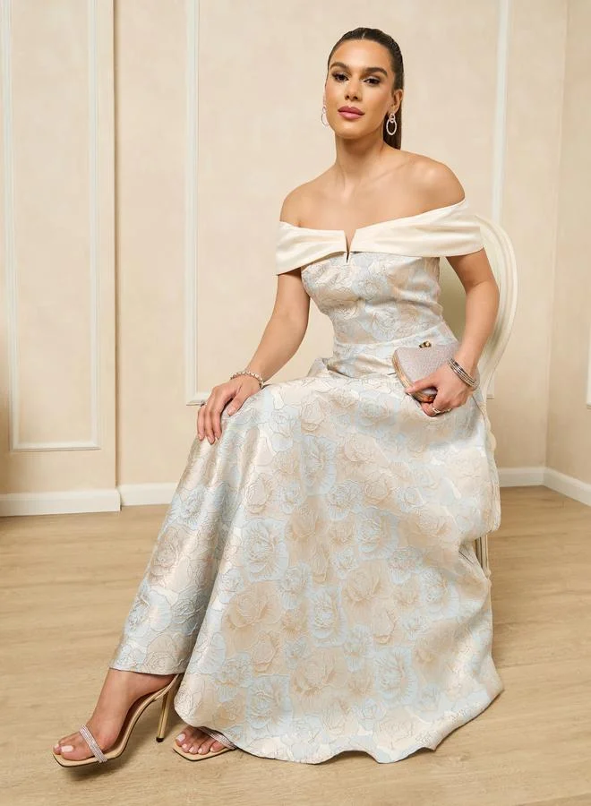 Styli Styli Blue Floral Jacquard Off-Shoulder A-Line Maxi Dress