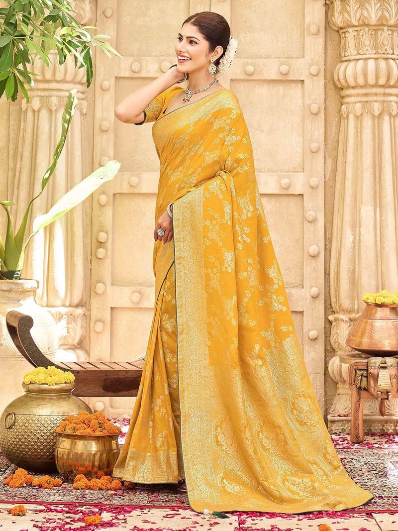 Satrani Women's Silk Weaving Banarasi Saree with Unstitched Blouse Piece (4774S123N_Yellow) - Image 2