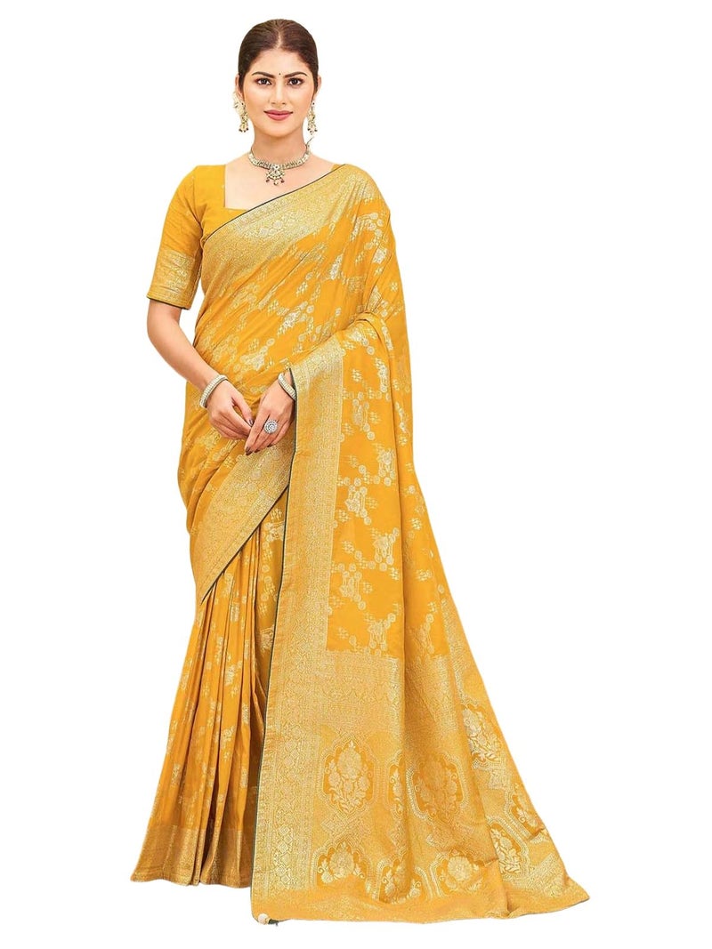 Satrani Women's Silk Weaving Banarasi Saree with Unstitched Blouse Piece (4774S123N_Yellow) - Image 1
