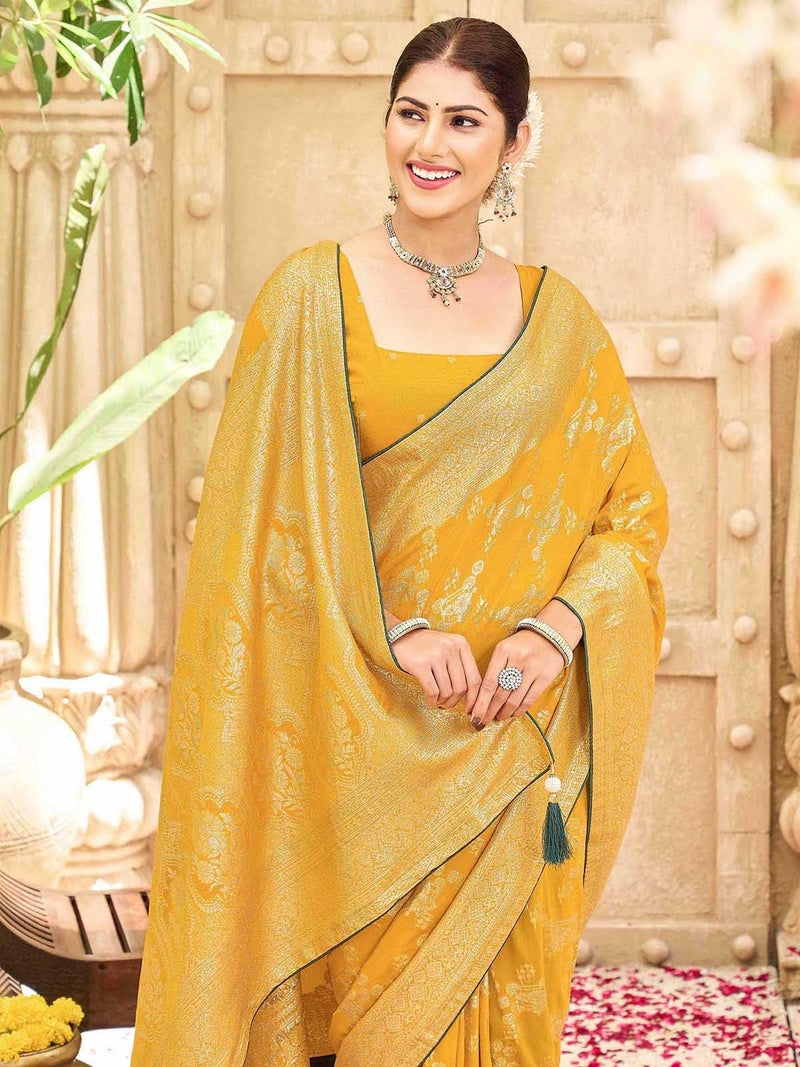 Satrani Women's Silk Weaving Banarasi Saree with Unstitched Blouse Piece (4774S123N_Yellow) - Image 4