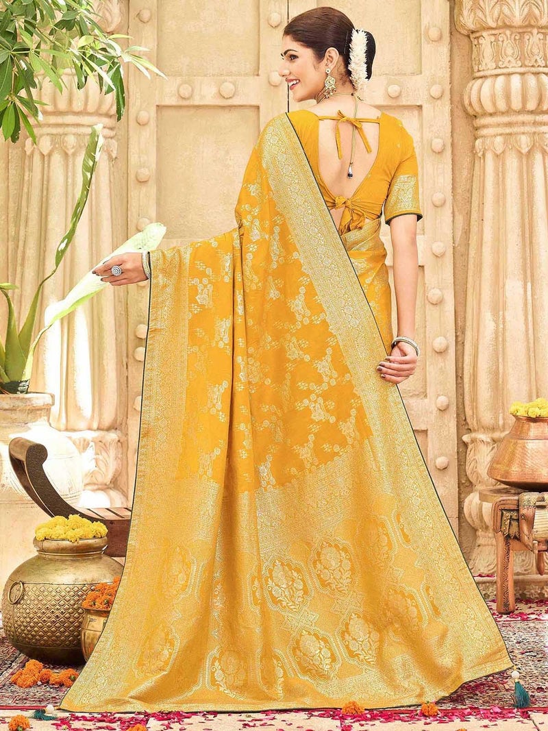 Satrani Women's Silk Weaving Banarasi Saree with Unstitched Blouse Piece (4774S123N_Yellow) - Image 3
