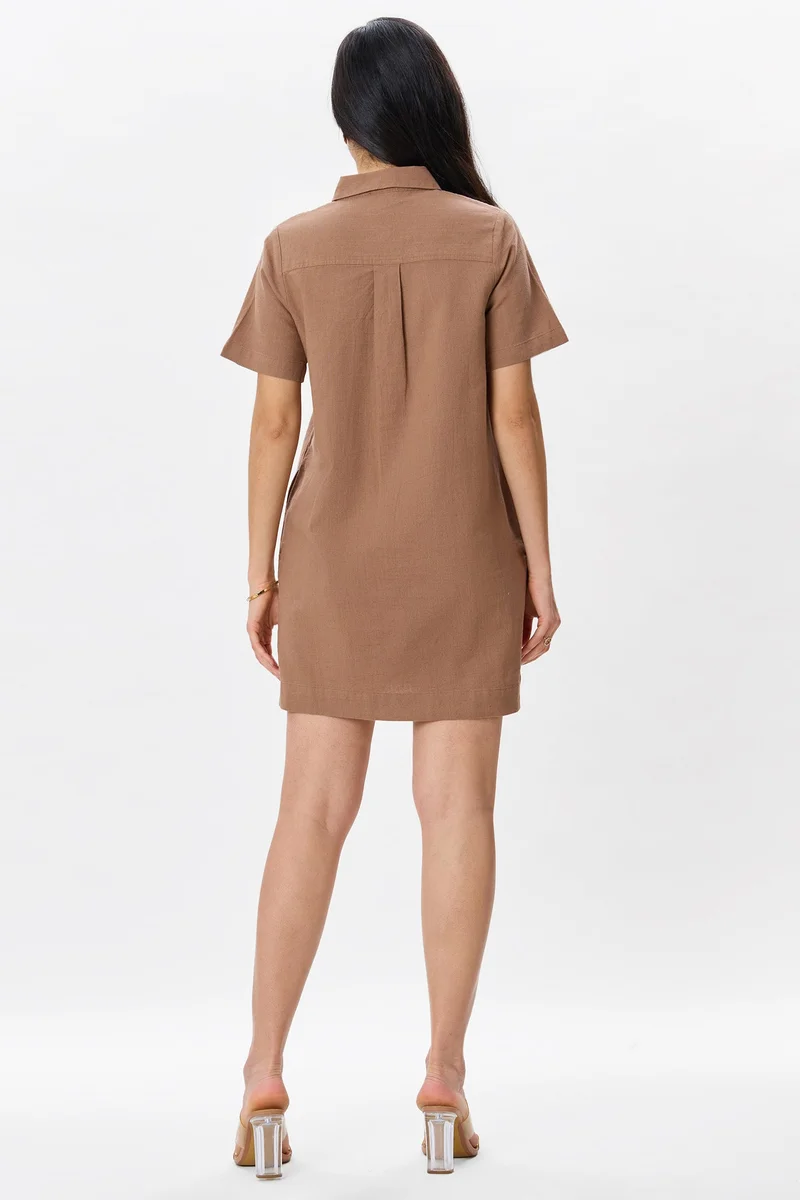 Virgio Brown Solid Cotton Boxy Fit Classic Shirt Dress for Women for Women | Best Price UAE