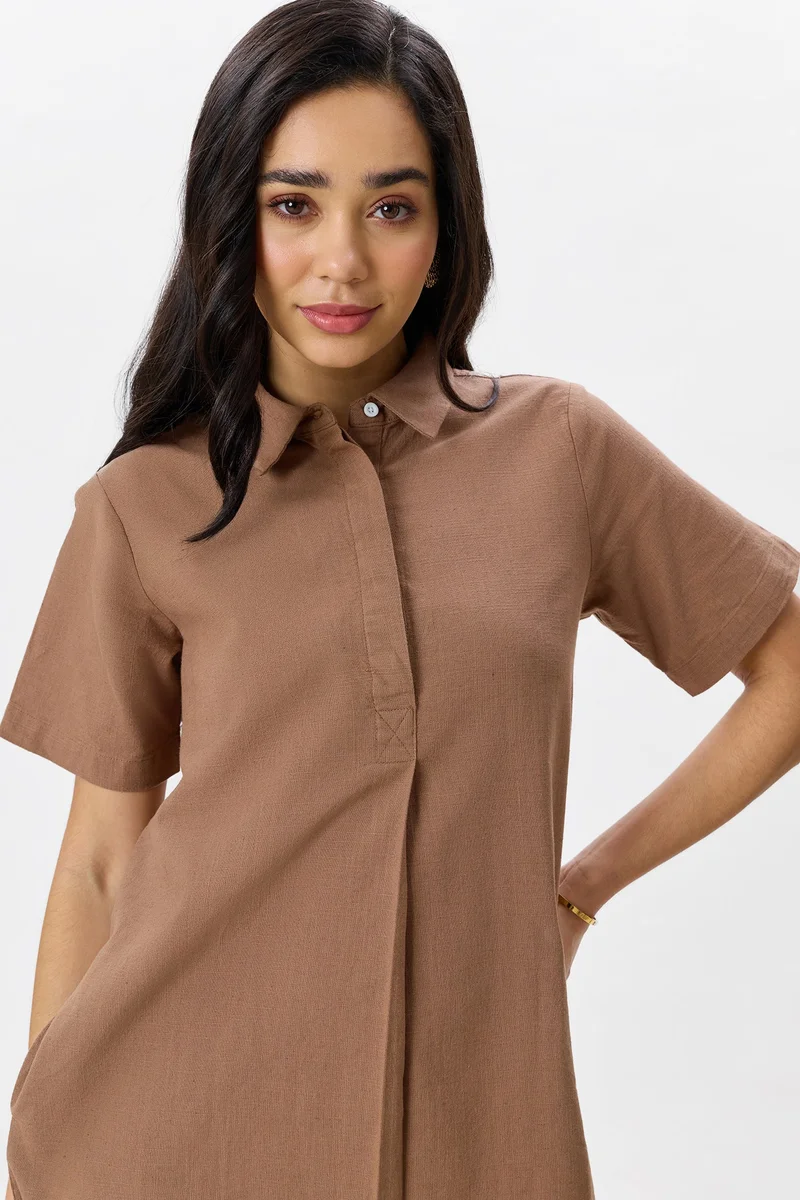 Virgio Brown Solid Cotton Boxy Fit Classic Shirt Dress for Women for Women | Best Price UAE