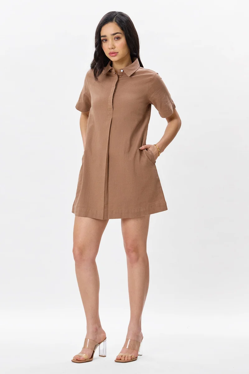فيرجيو Solid Cotton Boxy Fit Classic Shirt Dress for Women