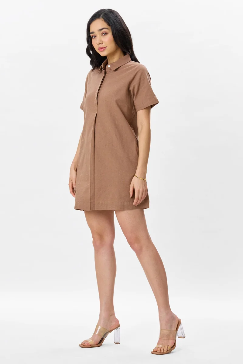 Virgio Brown Solid Cotton Boxy Fit Classic Shirt Dress for Women for Women | Best Price UAE