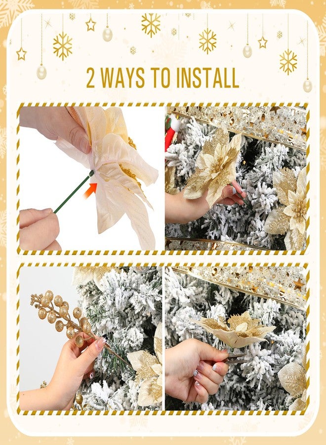 Alupssuc 24 Pieces Christmas Tree Decorations, 12 PCS Gold Poinsettia Flowers Artificial and 12 PCS Glitter Christmas Tree Picks for Christmas Decorations Party Wreath Fireplace Stairs, Gold - Image 4
