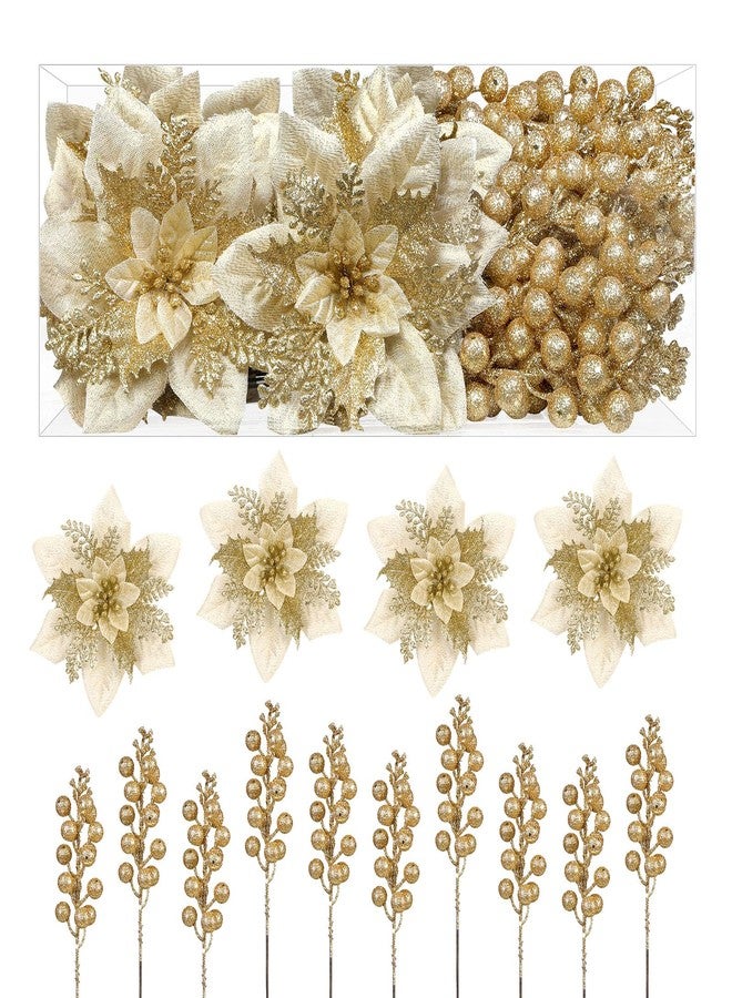 Alupssuc 24 Pieces Christmas Tree Decorations, 12 PCS Gold Poinsettia Flowers Artificial and 12 PCS Glitter Christmas Tree Picks for Christmas Decorations Party Wreath Fireplace Stairs, Gold - Image 1