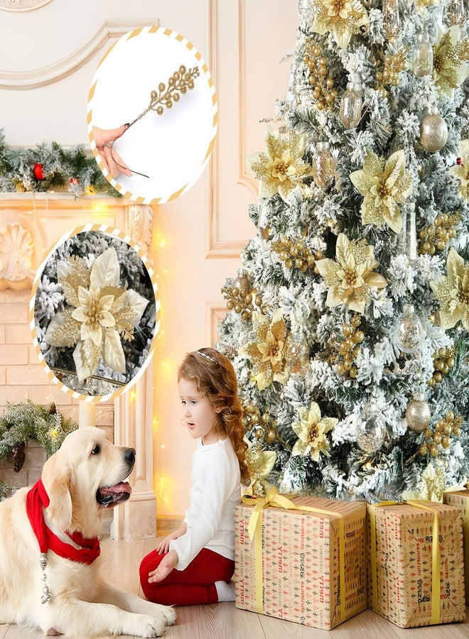 Alupssuc 24 Pieces Christmas Tree Decorations, 12 PCS Gold Poinsettia Flowers Artificial and 12 PCS Glitter Christmas Tree Picks for Christmas Decorations Party Wreath Fireplace Stairs, Gold - Image 3