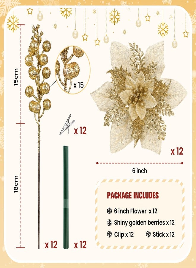 Alupssuc 24 Pieces Christmas Tree Decorations, 12 PCS Gold Poinsettia Flowers Artificial and 12 PCS Glitter Christmas Tree Picks for Christmas Decorations Party Wreath Fireplace Stairs, Gold - Image 2
