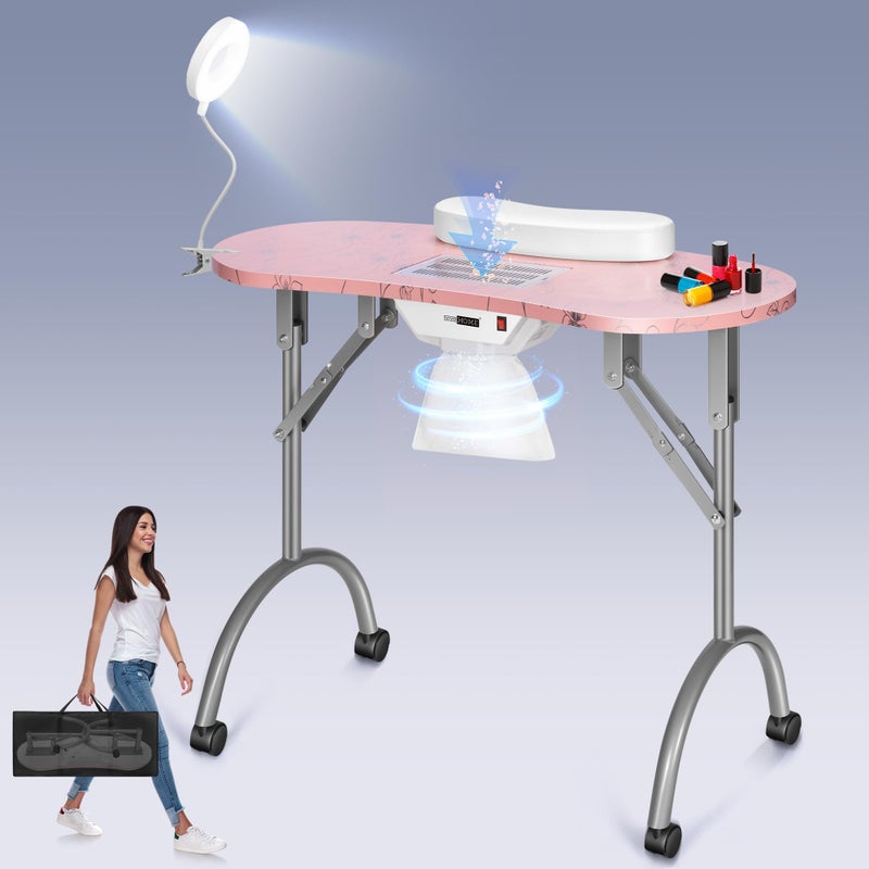 VIVOHOME VIVOHOME Portable Manicure Nail Table on Wheels with Builtin Dust Collector Updated USBPlug LED Table Lamp Carry Bag for Home Spa Beauty Salon Workstation Pink 
