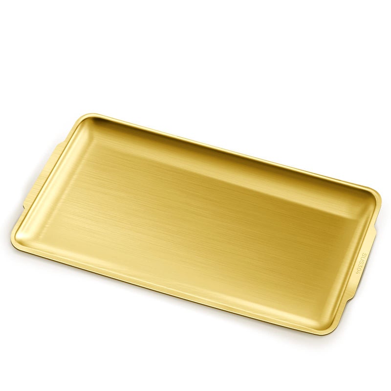 Stainless Steel Serving Tray 157 x 94In Rectangle Gold Serving Platter with Handle Decorative Coffee Table Plate Ottoman Dish for Party Eating Kitchen Food Dessert BBQ Gold