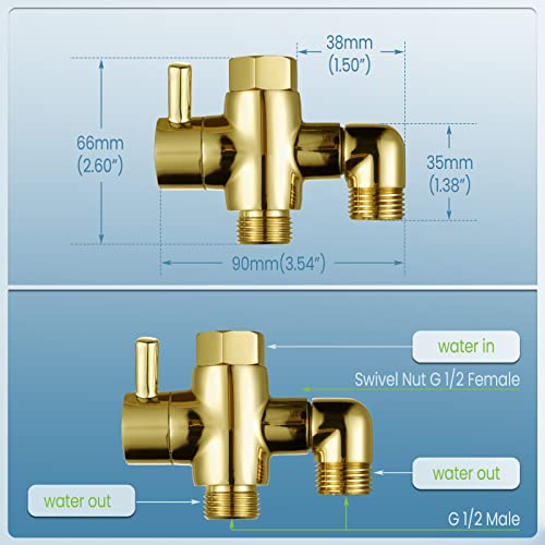 YDmeet Brass Shower Diverter Valve for Handheld Shower Head and Fixed Spray Head G1/2 3 Way Universal Bathroom System Component Replacement Part, Polished Gold - Image 5