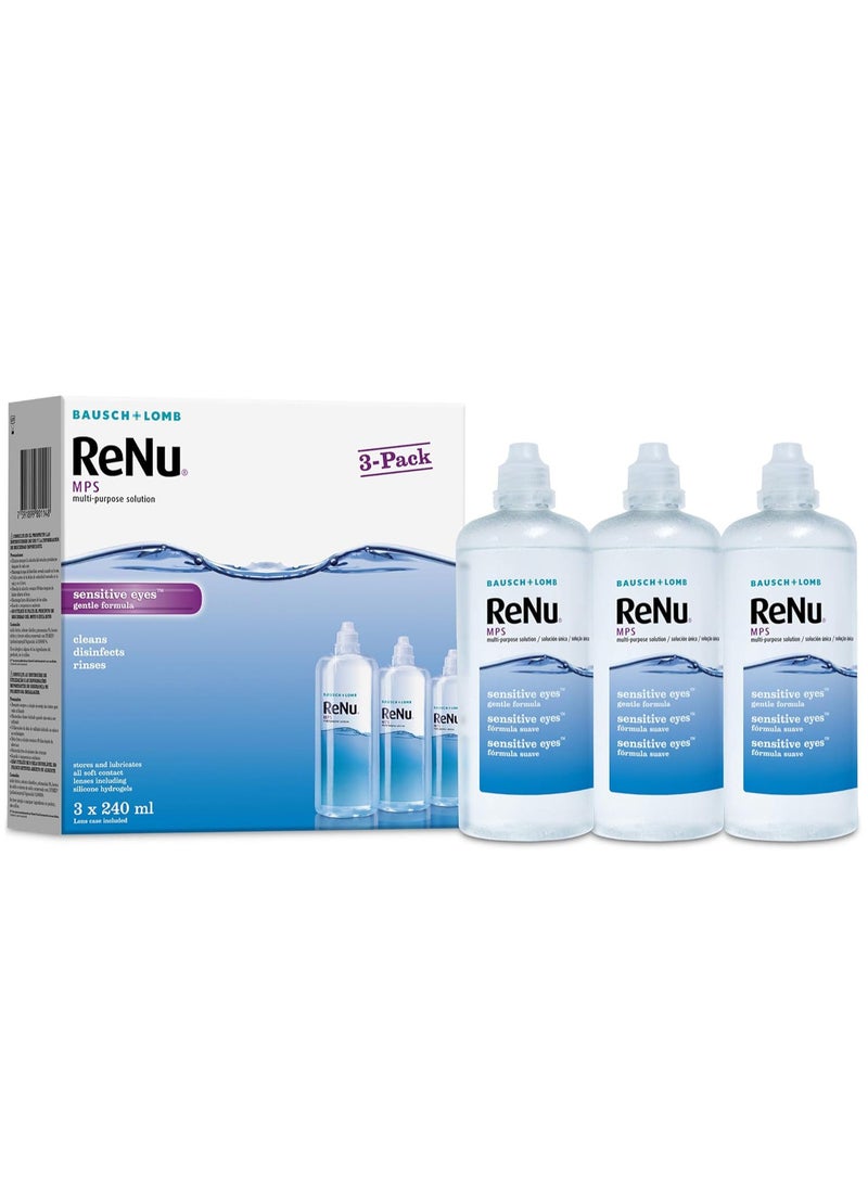 Renu ReNu Multi-Purpose Contact Lens Solution 3 x 240ml - Soft Contact Lenses for Comfortable Wear - Gentle on Sensitive Eyes - Clean, Disinfect, Rinse, Lubricate and Store your Lenses - Lens Case Included  - Image 1