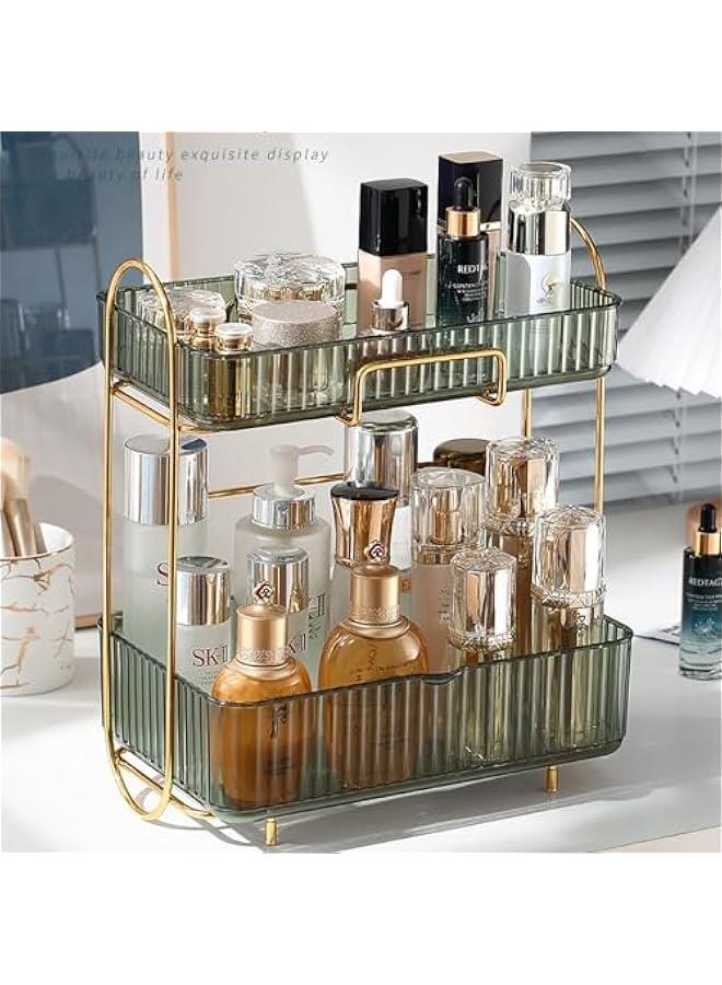 هوكور منظم للحمام من تراسل، سلة تنظيم فانيتي مع صينية منزلقة، منظم مكياج من طبقتين للتخزين، حافظات عرض مستحضرات التجميل، منظم منضدة المطبخ، رف توابل (اخضر)، بلاستيك - Image 1