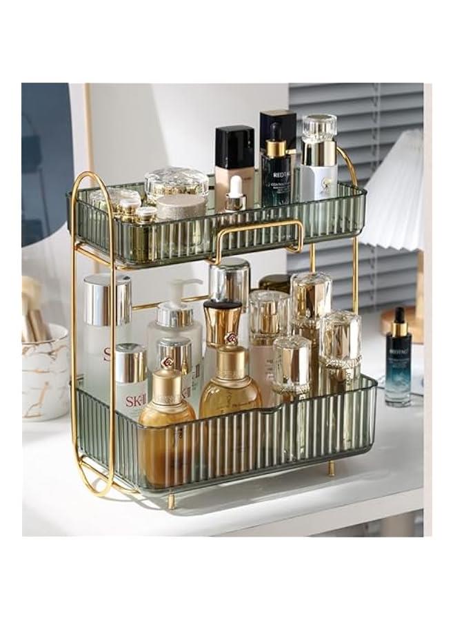 هوكور منظم للحمام من تراسل، سلة تنظيم فانيتي مع صينية منزلقة، منظم مكياج من طبقتين للتخزين، حافظات عرض مستحضرات التجميل، منظم منضدة المطبخ، رف توابل (اخضر)، بلاستيك - Image 3