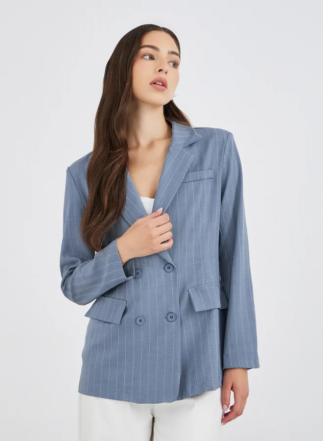 Take Two Take Two Women Blue Striped Longline Double Breasted Blazer