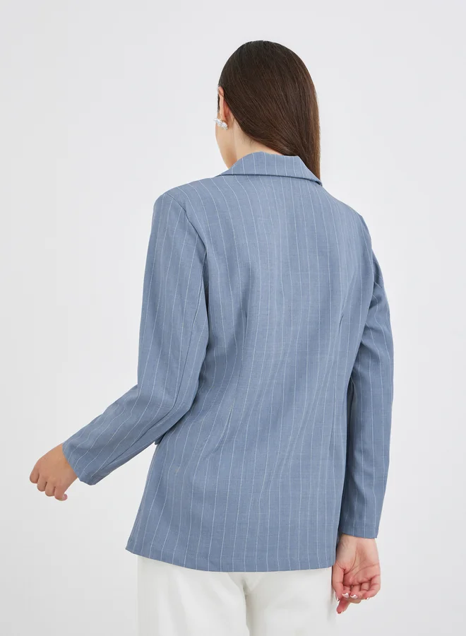 Take Two Take Two Women Blue Striped Longline Double Breasted Blazer