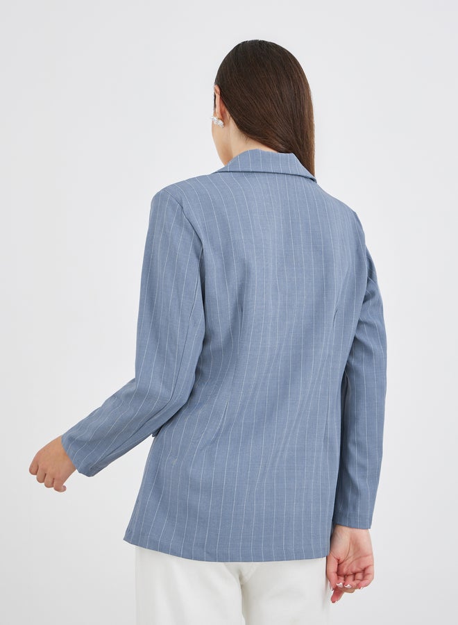 Take Two Women Blue Striped Longline Double Breasted Blazer - Image 5