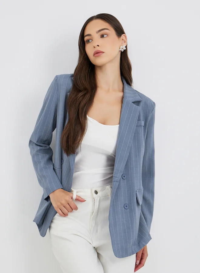 Take Two Take Two Women Blue Striped Longline Double Breasted Blazer