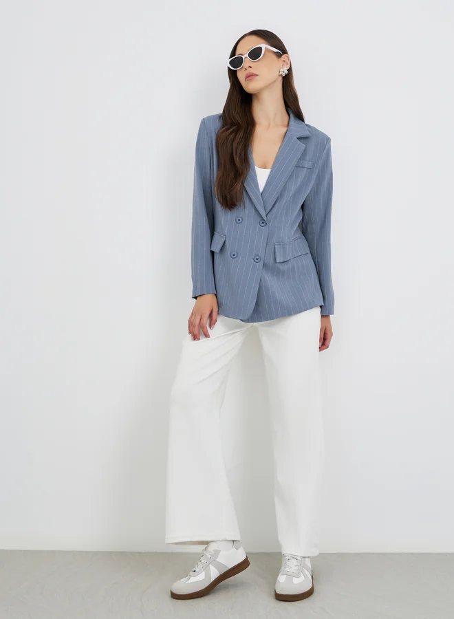 Take Two Take Two Women Blue Striped Longline Double Breasted Blazer