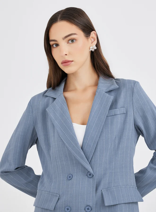 Take Two Take Two Women Blue Striped Longline Double Breasted Blazer