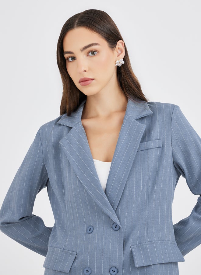 Take Two Women Blue Striped Longline Double Breasted Blazer - Image 4