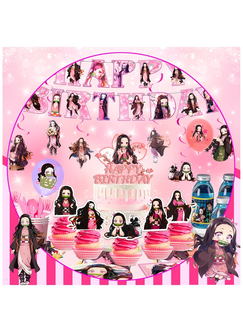 حفلة مثمرة زينة عيد ميلاد نيزوكو لـ 10 ضيوف، 117 قطعة مجموعة أدوات مائدة لحفلات نيزوكو يمكن التخلص منها مجموعة أدوات مائدة أنيمي قاتل الشياطين أطباق حفلات أنيمي مفرش المائدة بالونات - Image 4