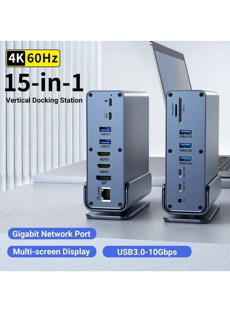 ليسو محطة إرساء USB-C 15 في 1، محور نوع C، محور عمودي متعدد المنافذ مع قاعدة قابلة للإزالة، دعم RJ45 1000M، USB 3.0/2.0، شحن سريع PD 100W، صوت 3.5 مم، SD/TF للكمبيوتر المحمول، اللوحي، الهاتف الذكي - Image 1