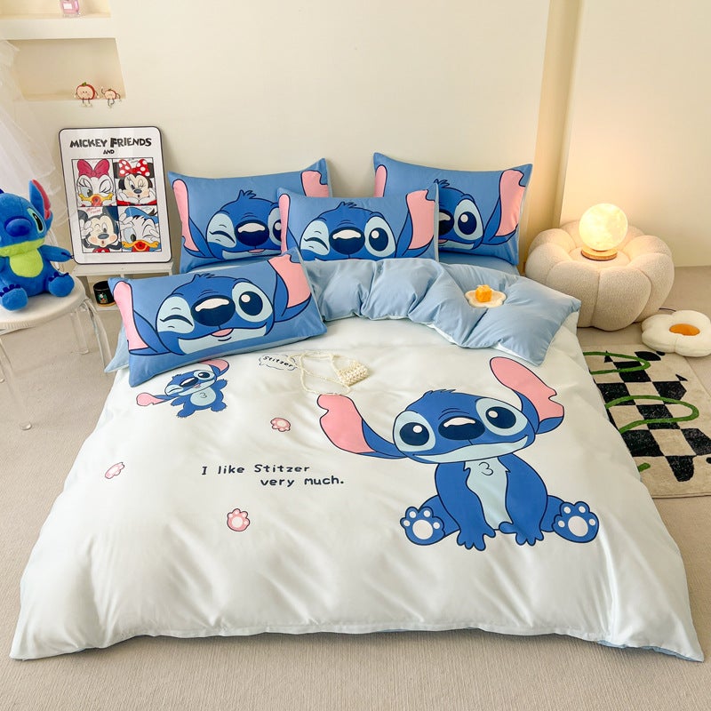 Cartoon Stitch Washed Silk Fitted Bed Sheets Four-Piece Set Bed Sheets Three-Piece Set Dormitory Nantong Manufacturer Batch - Image 2