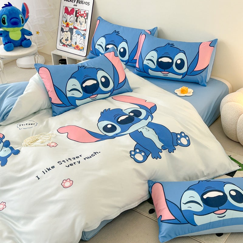 Cartoon Stitch Washed Silk Fitted Bed Sheets Four-Piece Set Bed Sheets Three-Piece Set Dormitory Nantong Manufacturer Batch - Image 4