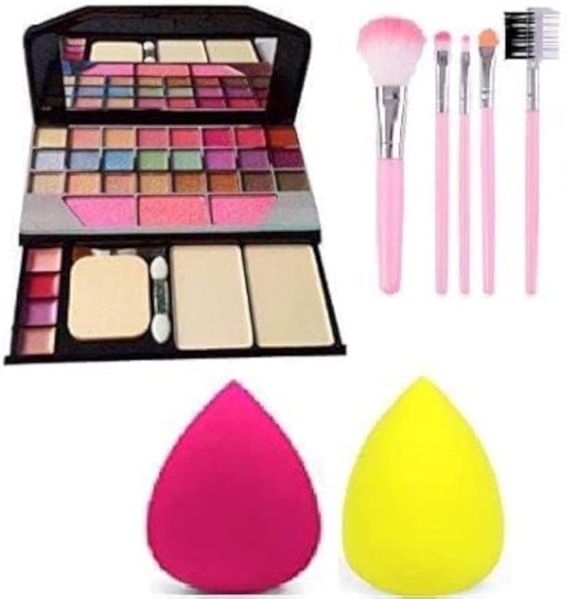 SE Makeup Kit + 5 Pcs Makeup Brush + 2 Pc Blender Puff Combo - Multicolor