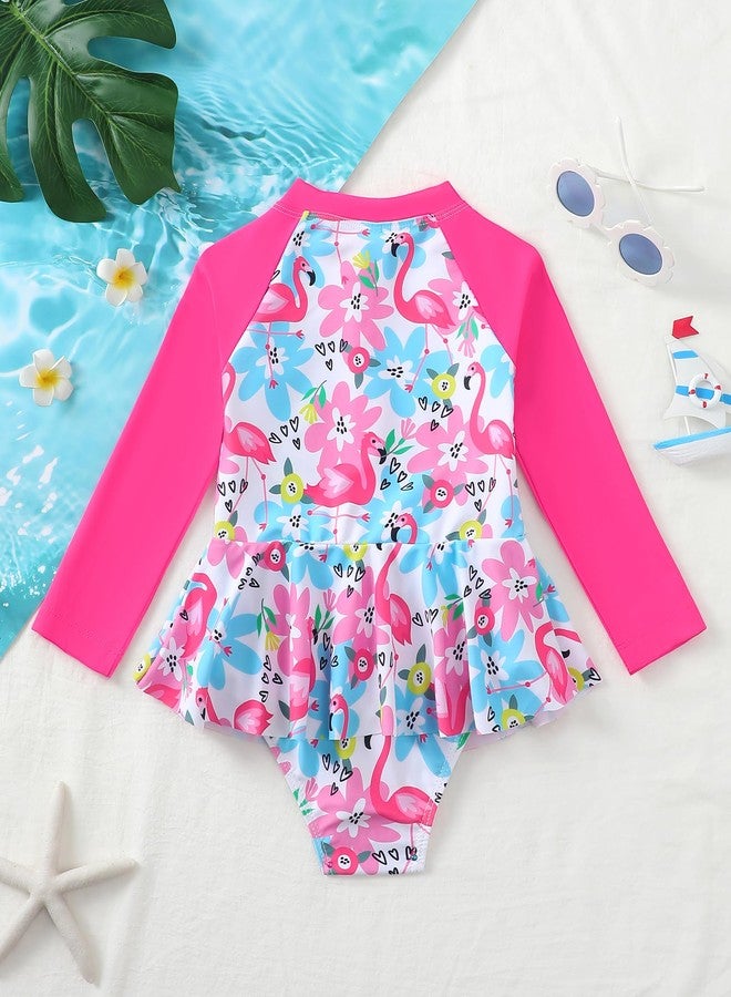 Mioglrie Toddler Girl 3t Bathing Suit Pink Zipper Shirt Long Sleeve Swimsuit Kids One Piece Ruffle Tropical Floral Print High Spandex Swimwear - Image 3