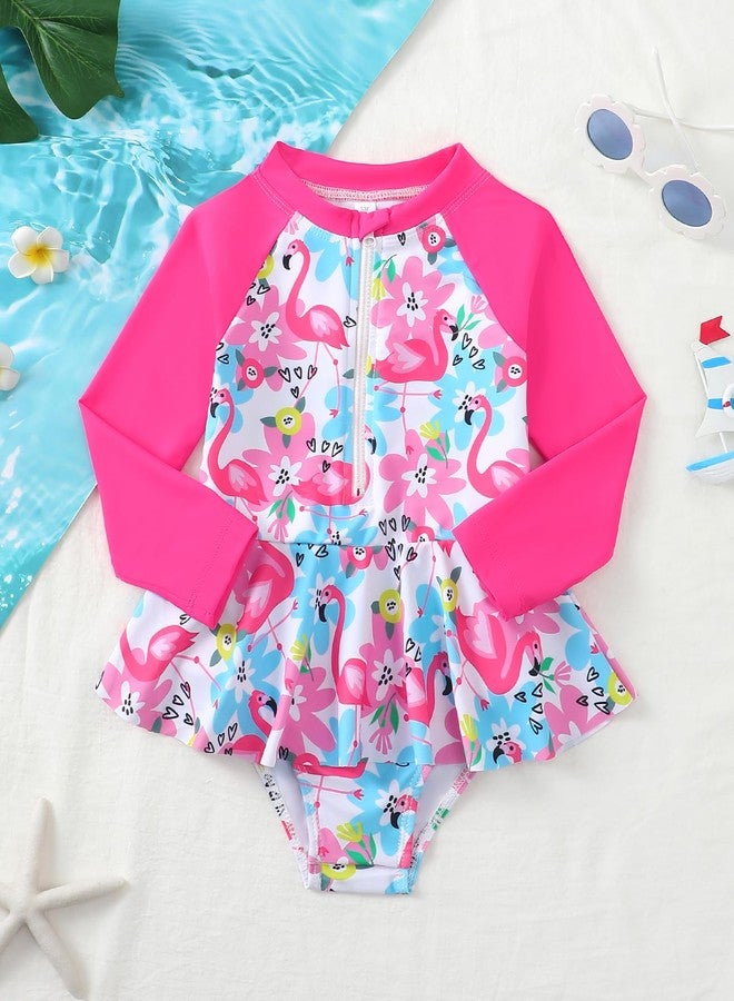 Mioglrie Toddler Girl 3t Bathing Suit Pink Zipper Shirt Long Sleeve Swimsuit Kids One Piece Ruffle Tropical Floral Print High Spandex Swimwear - Image 2