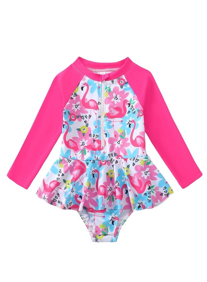 Mioglrie Toddler Girl 3t Bathing Suit Pink Zipper Shirt Long Sleeve Swimsuit Kids One Piece Ruffle Tropical Floral Print High Spandex Swimwear - Image 1