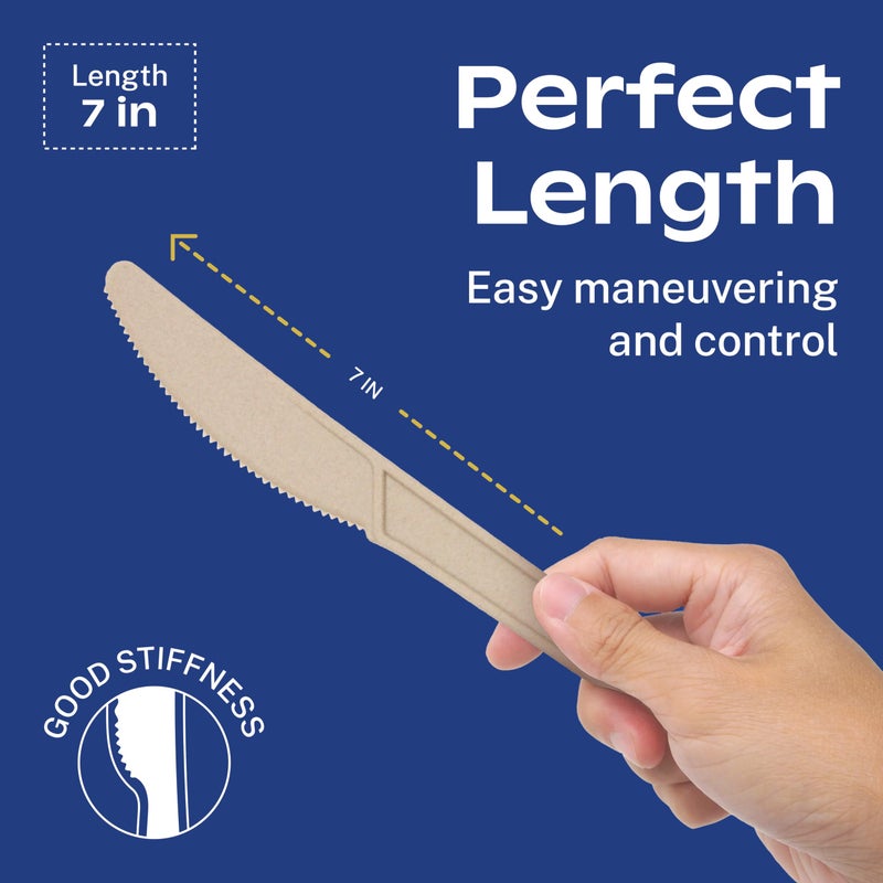 Coral CORAL Light Brown 100% Compostable Knives - 120 Heavy Duty No Plastic Knives (7.0 inch) - Break-Resistant with Smooth Edges  Ocean Friendly Alternative to Plastic Silverware - Biodegradable & Disposable Knives  - Image 2