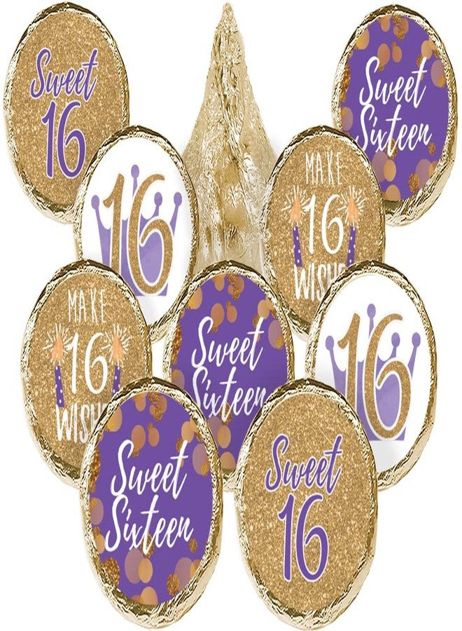 DISTINCTIVS Purple and Gold Sweet 16 Birthday Party Favor Chocolate Kisses Candy Stickers, Purple Sweet Sixteen Stickers - 180 Count - Image 1