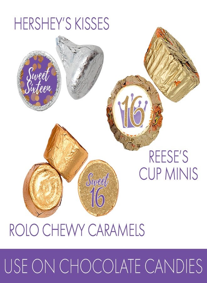 DISTINCTIVS Purple and Gold Sweet 16 Birthday Party Favor Chocolate Kisses Candy Stickers, Purple Sweet Sixteen Stickers - 180 Count - Image 4