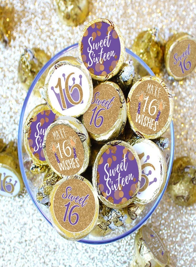 DISTINCTIVS Purple and Gold Sweet 16 Birthday Party Favor Chocolate Kisses Candy Stickers, Purple Sweet Sixteen Stickers - 180 Count - Image 2