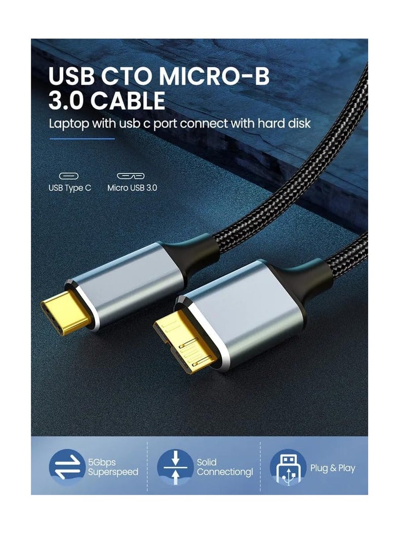 USB Micro B to USB Type C Cable 5 Gbps Fast Data Transfer Cord 3A Quick Charge Compatible with MacBook, iPad, Galaxy S24, Laptop, External Hard Drive - Nylon Black Wire 2.0 M / 6.5 Feet  - Image 4