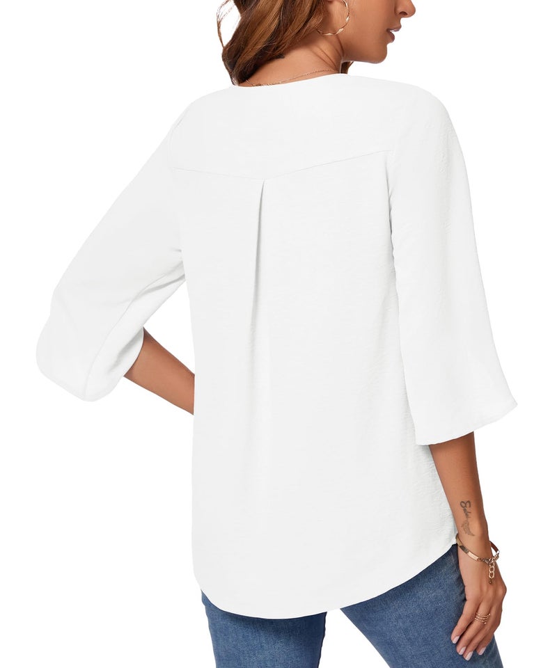 KUOTAI White Womens Blouses Dressy Casual Summer Tops Business Work Office Clothes 3/4 Sleeve Shirts, White, XX-Large - Image 3